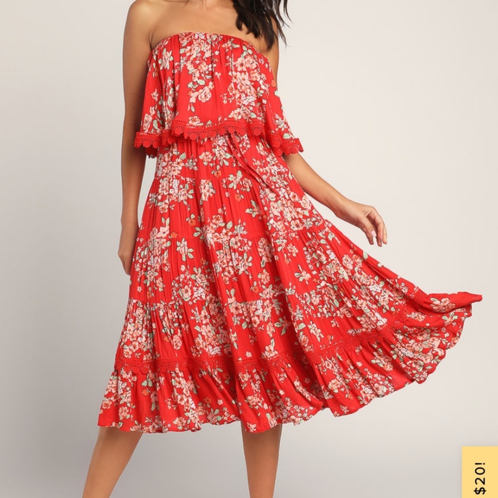 Lulu’s Floral Strapless Midi Dress